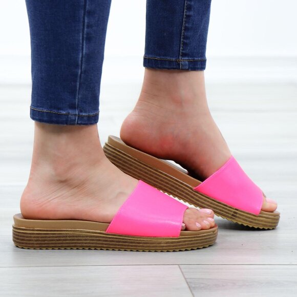 Neon Pink Faux Leather Slip On Comfort Sandal - Picture 4 of 13